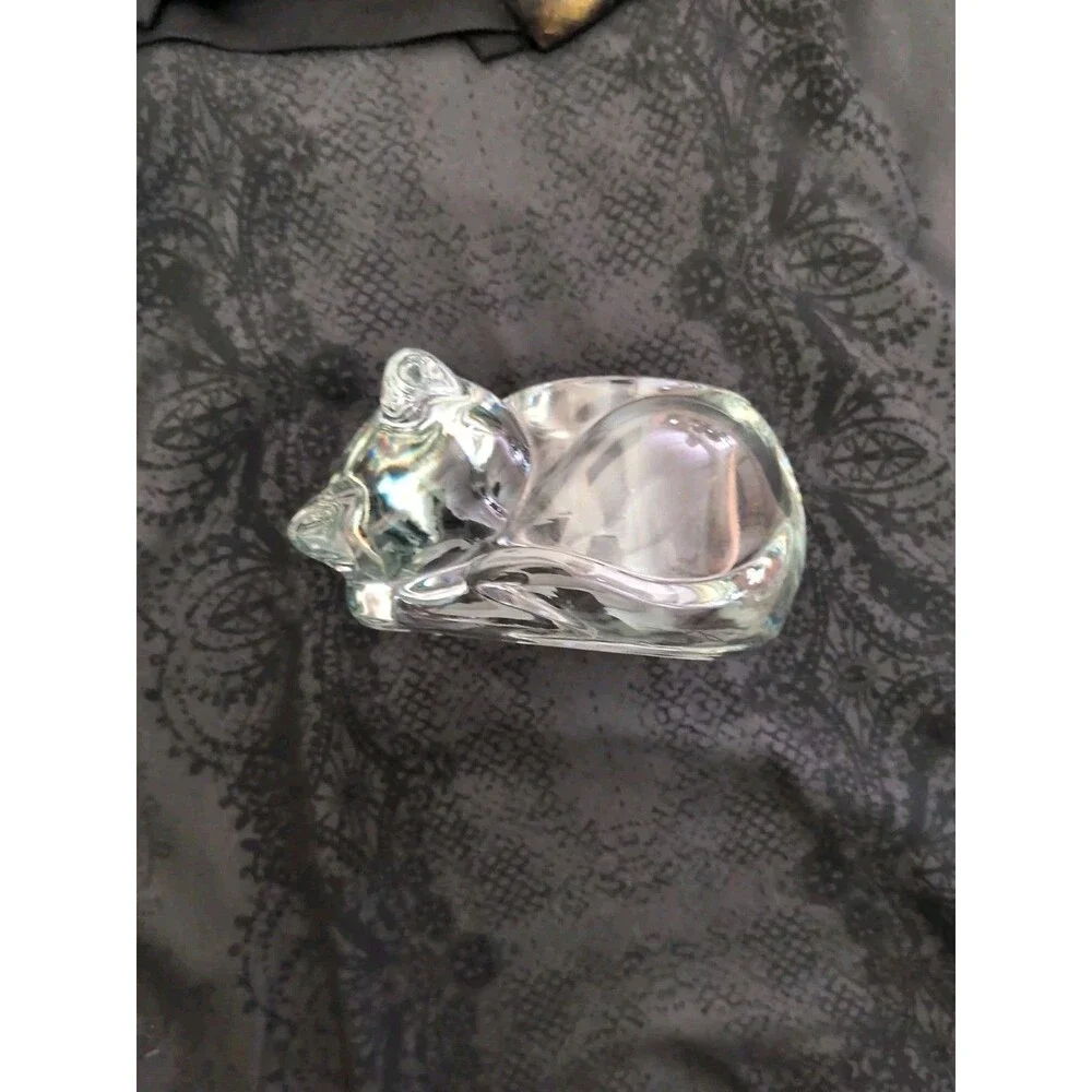 NWT VINTAGE INDIANA GLASS COMPANY CLEAR GLASS SLEEPING CAT VOTIVE CANDLE HOLDER